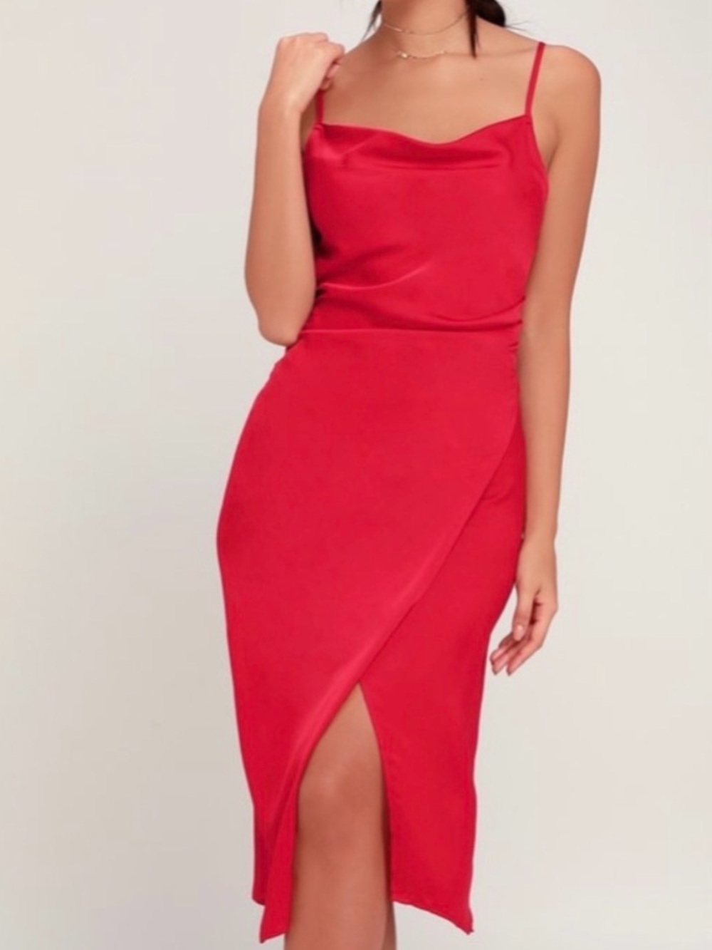 Lulu's Red Satin Cowl Neck Midi Dress with Front Slit
